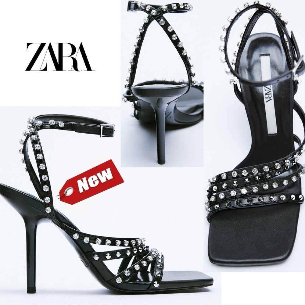 Zara black strappy crystal rhinestone studded embellished sandal high heel Sz 6